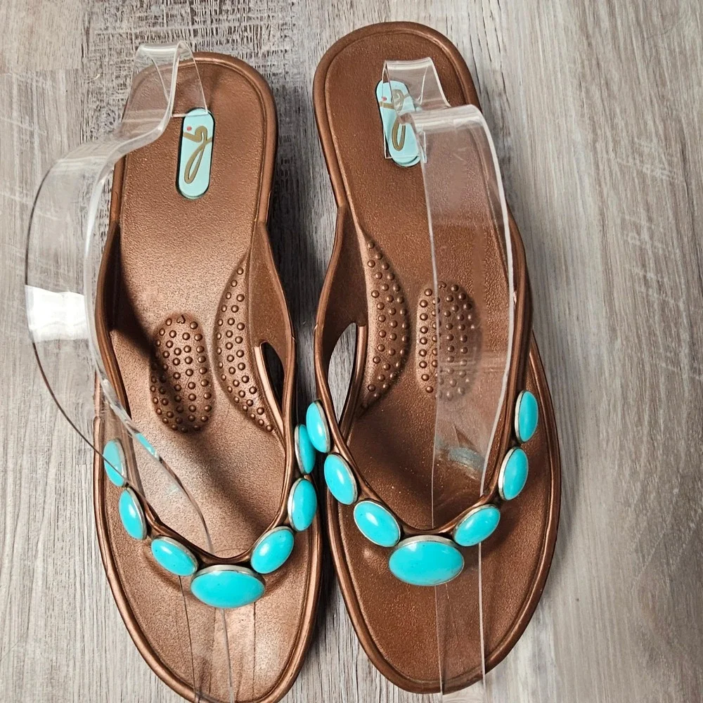 Oka-B Womens Turquoise Cabochon Wedge Sandals ML 8.5-9.5 Copper Southwestern